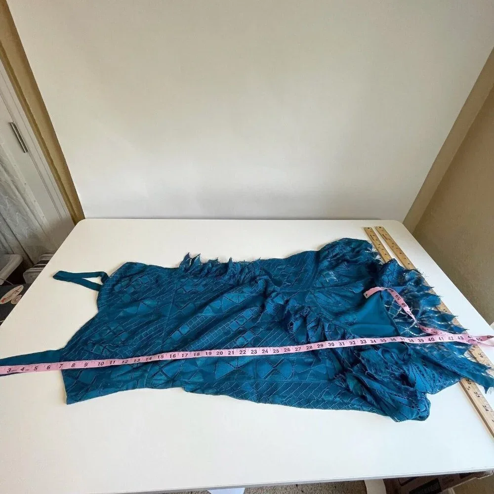Foxiedox Womens Lace Ruffle Sleeveless Cocktail Dress Teal Blue S High Low‎ NWT